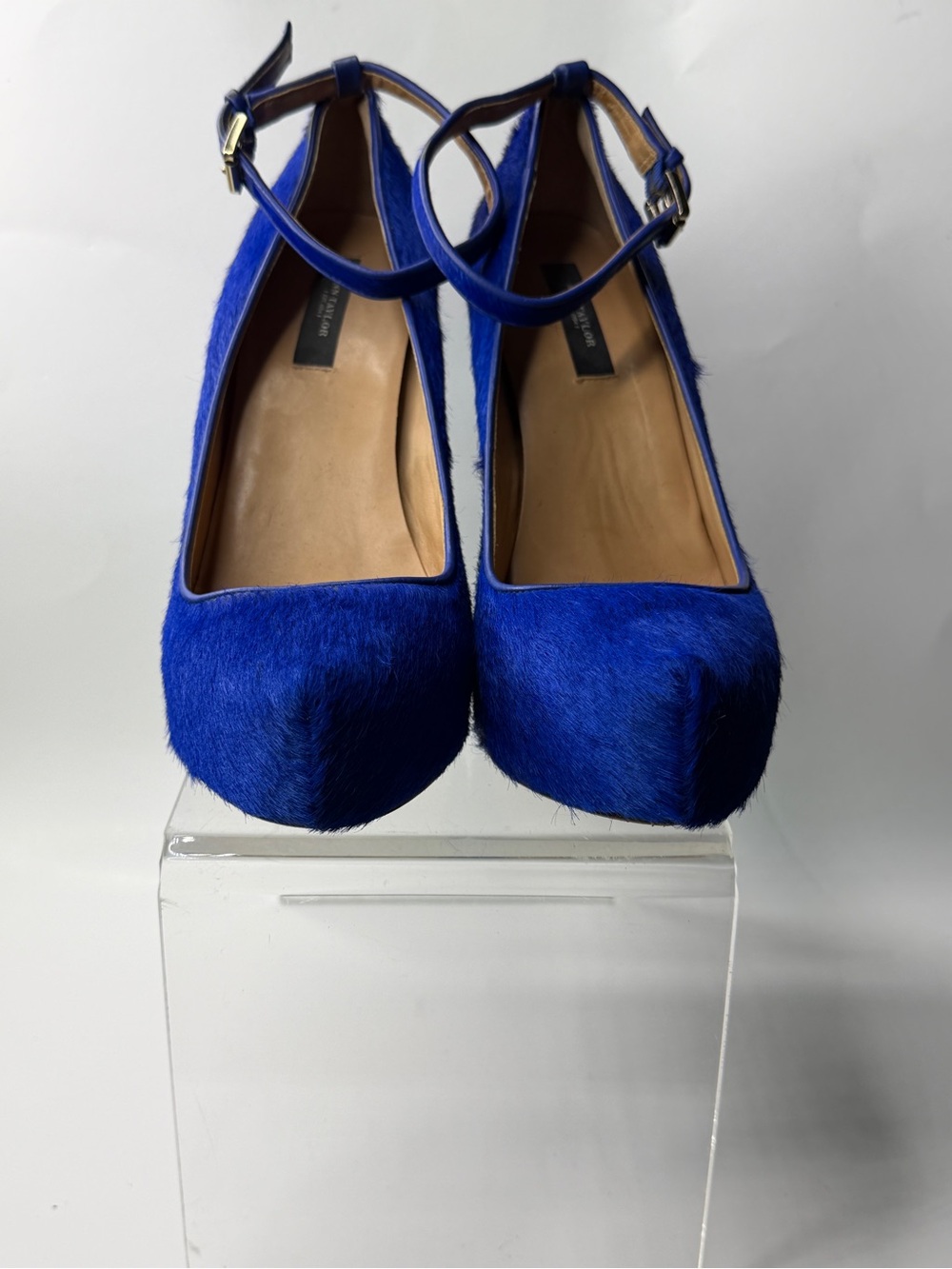 Ann Taylor Vibrant Royal Blue Faux Fur Wedge Pumps with Ankle Strap - Picture 4 of 6